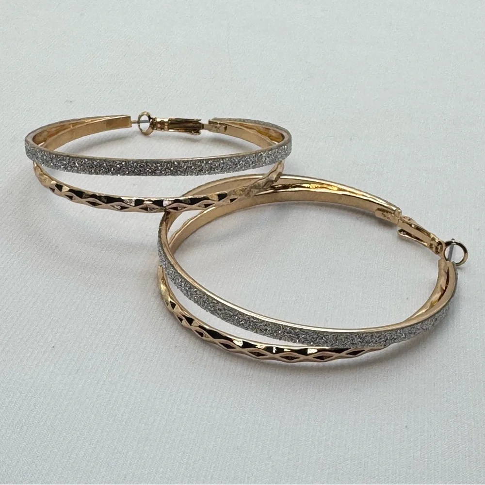 Gold Tone Glitter Hoop Earrings Textured Large Statement Hoops Bold Sparkle